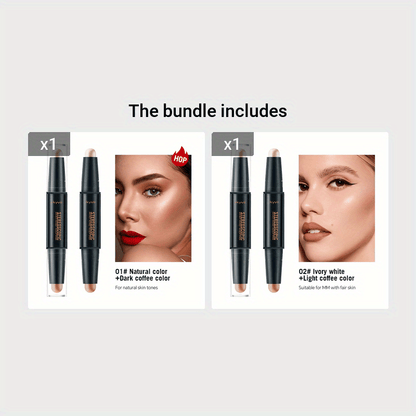 Dual-headed contouring stick for highlighting and shading to create a three-dimensional V-shaped nose shadow and high nose effect.