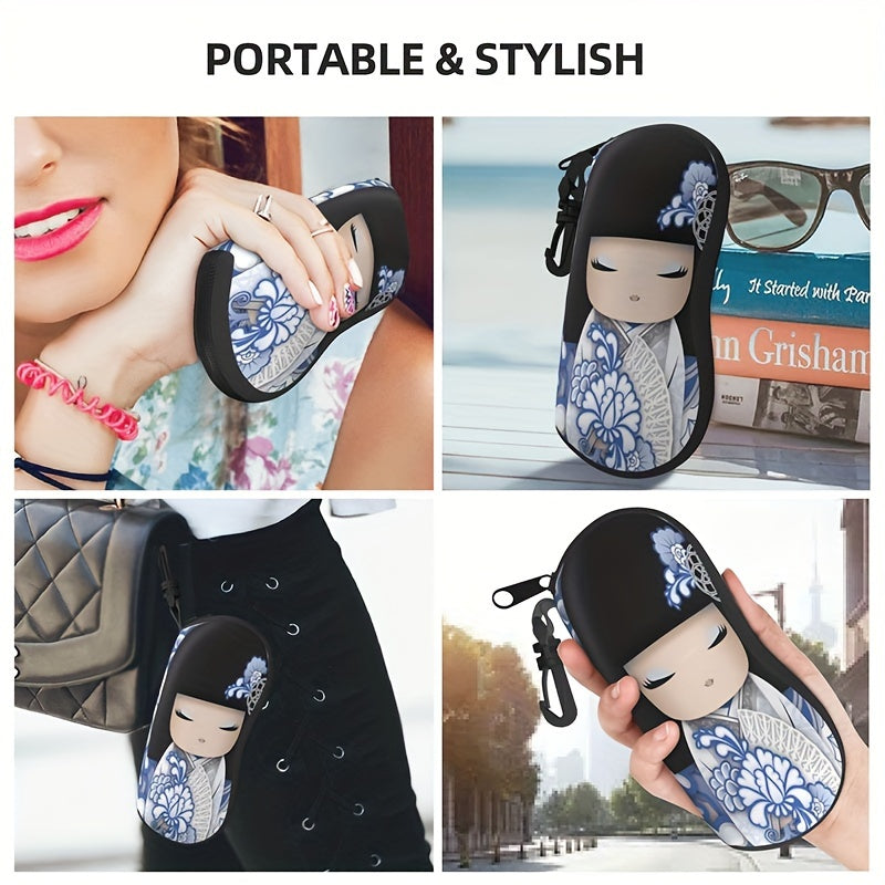 Stylish Crimson Sakura Kokeshi Doll Pattern Glasses Holder - Compact Zippered Glasses Pouch for Fashionable Travelers, Made of Tough Synthetic Rubber, Suitable for Men and Women