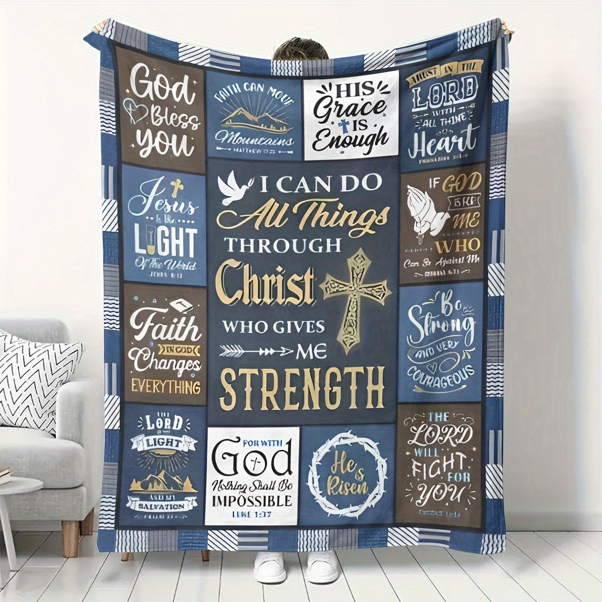 One piece of Christian Inspirational Quotes Flannel Fleece Throw Blanket featuring Religious Scripture Verses. This tear-resistant blanket is perfect for all seasons and has a digital print design. Made of polyester in a contemporary style, it is a great