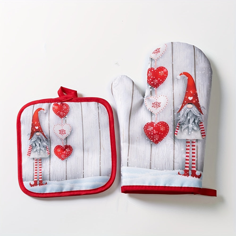 Set of 2 Christmas-themed kitchen oven mitts, made of thickened glass fiber gloves and heat-resistant pads. Perfect for festive cooking in the home kitchen, these accessories are non-food contact safe.