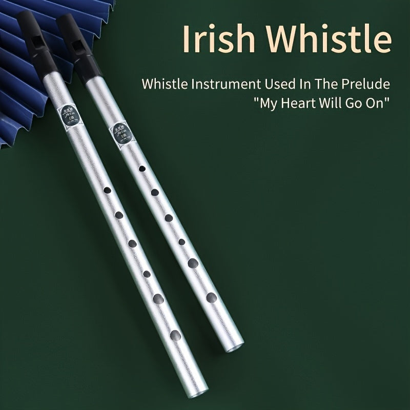 Beginner-friendly Irish tin whistle in C/D key, aluminum alloy with golden finish, straight vertical wind instrument.