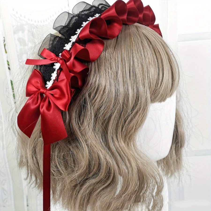 Ruffled Lace Ribbon Bow Headband with Hairpins in Contrasting Colors - Anime Maid Inspired Hair Accessory