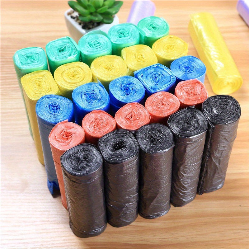 100 colorful disposable trash bags in 5 rolls for home, office, kitchen, bedroom, and bathroom cleaning.