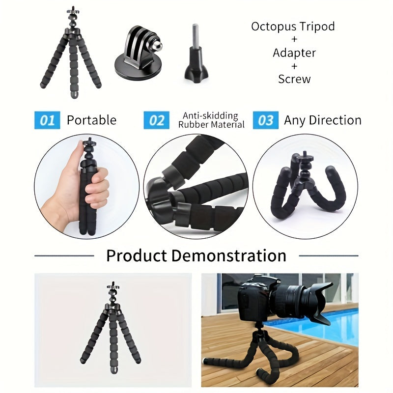 Camera accessory kit for various action cameras including GoPro, Insta360, DJI, AKASO, Sjcam, YI, Soocoo, EKEN, with stabilizer for outdoor photography.