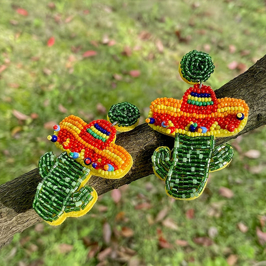 Handcrafted Bohemian Beaded Cactus Hat Earrings with Stainless Steel Posts, Vibrant Plant Design for Women - Ideal for Everyday Wear and Celebrations