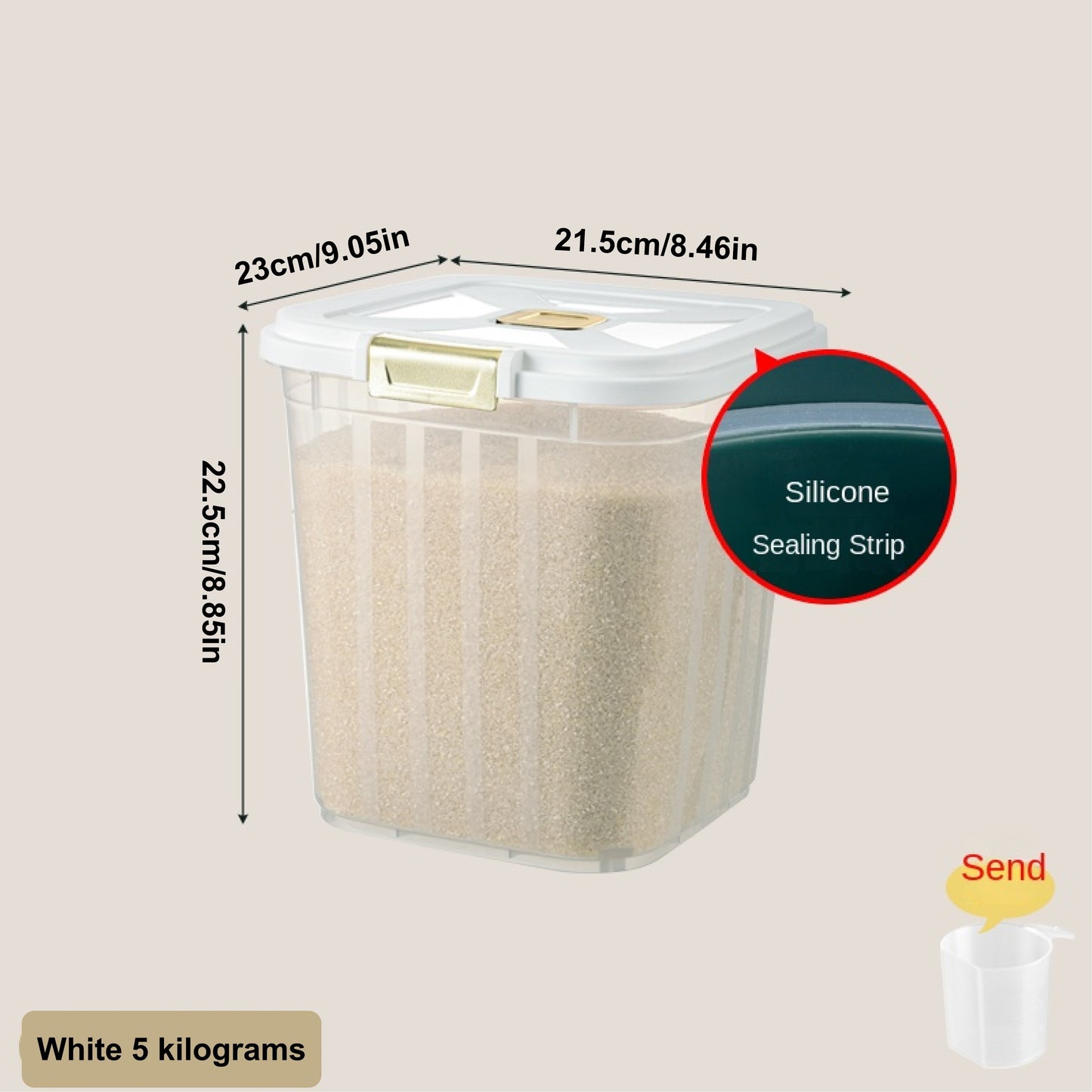 Large airtight grain storage container with moisture-proof, transparent design and easy-access white lid. Made of durable polypropylene, ideal for kitchen and pet food organization.