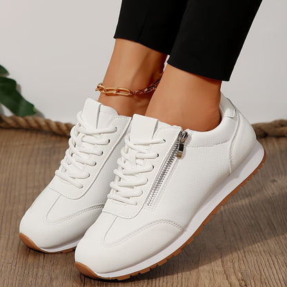 White zipper fashion sneakers, lightweight and comfortable sports shoes.