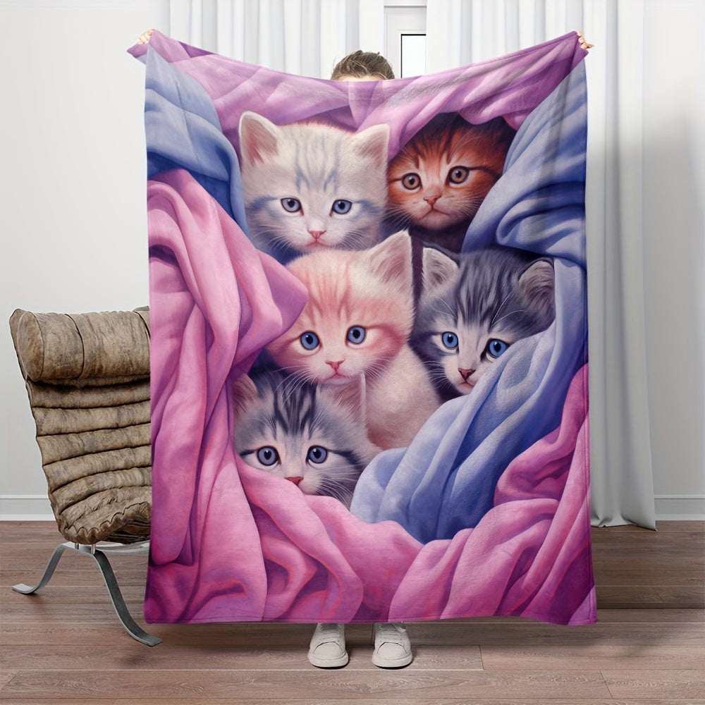 Get cozy with this adorable blue and pink kitten blanket! Perfect for any sofa, office couch, bed, or even travel and camping. This lightweight flannel blanket features digital printing and is super soft and warm. It also makes a great gift for family