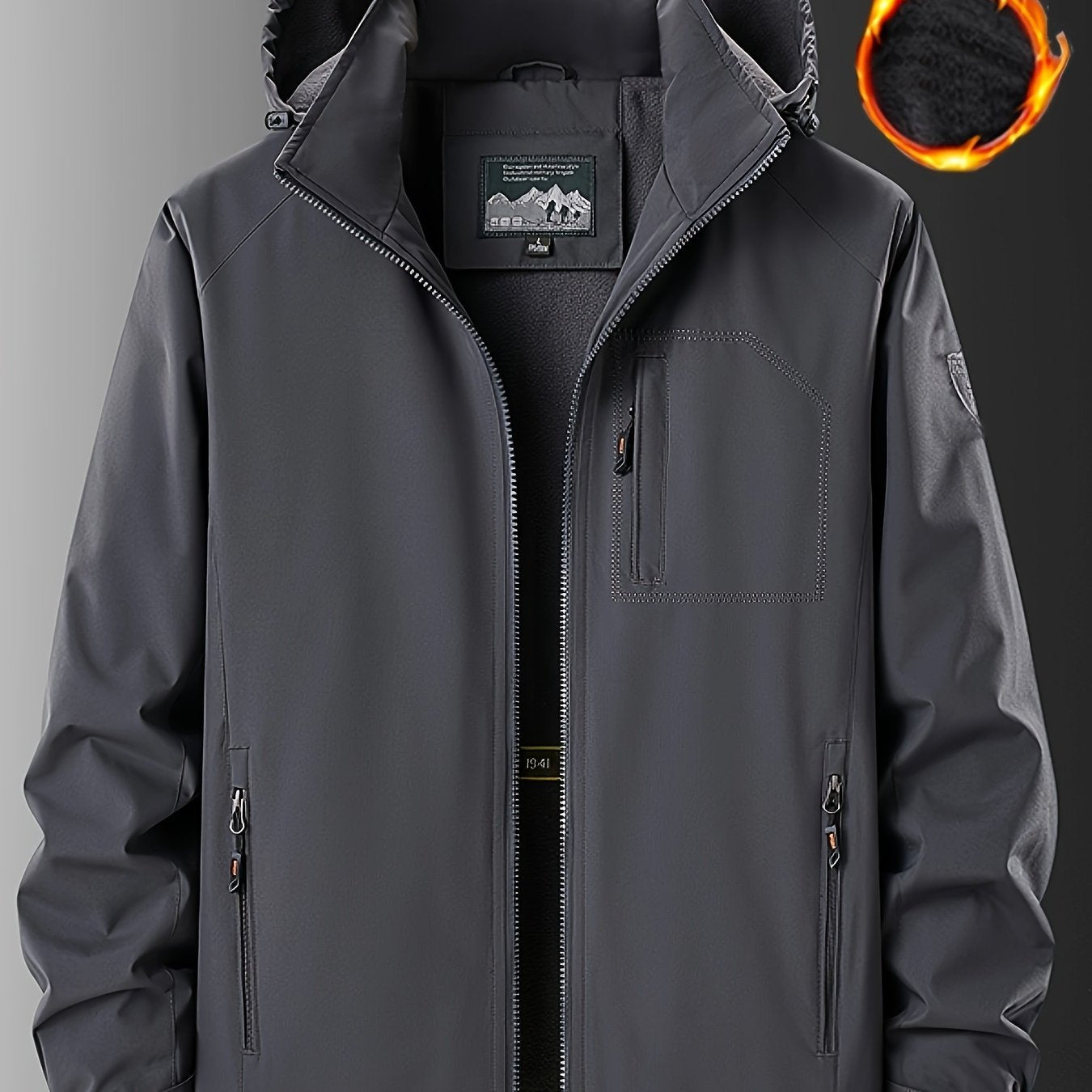 Men's winter jacket made of 100% polyester. Features waterproof and windproof qualities, detachable hood, multi-pocket design with zippered pockets, warm fleece lining, and solid color.