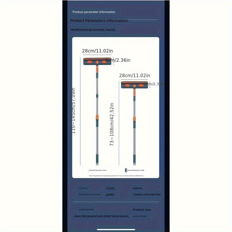 Multi-Purpose Window Cleaner in Green with Adjustable Handle - Made of Stainless Steel & ABS, Perfect for Cleaning Glass, Tiles & Household Surfaces