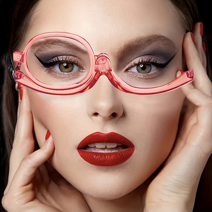 Rotating cosmetic reading glasses for makeup application, covering prescription range +1.0 to +4.0.