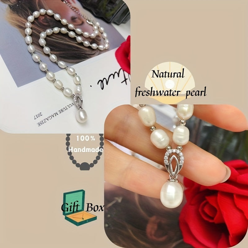 An elegant freshwater pearl necklace featuring a luxurious and simple chic design. This non-plated piece is versatile for all seasons, perfect for daily wear and vacation. Includes a Valentine's Day gift box.