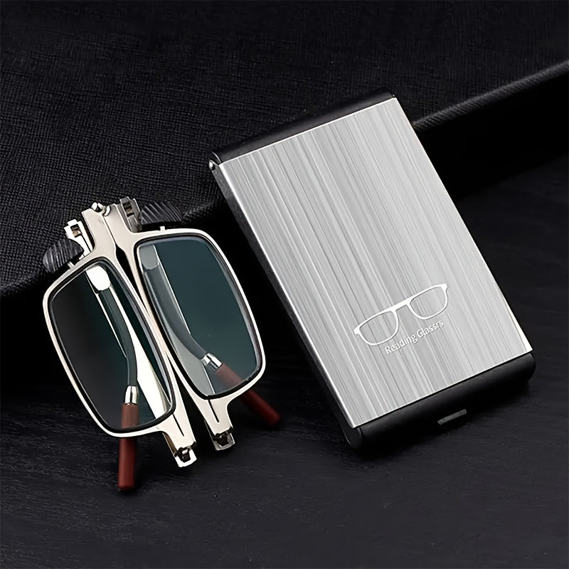 Compact folding reading glasses with smartphone attachment - ultra-thin metal frame, anti-blue light HD lenses, portable and durable for men and women. Features minimalist design, durable