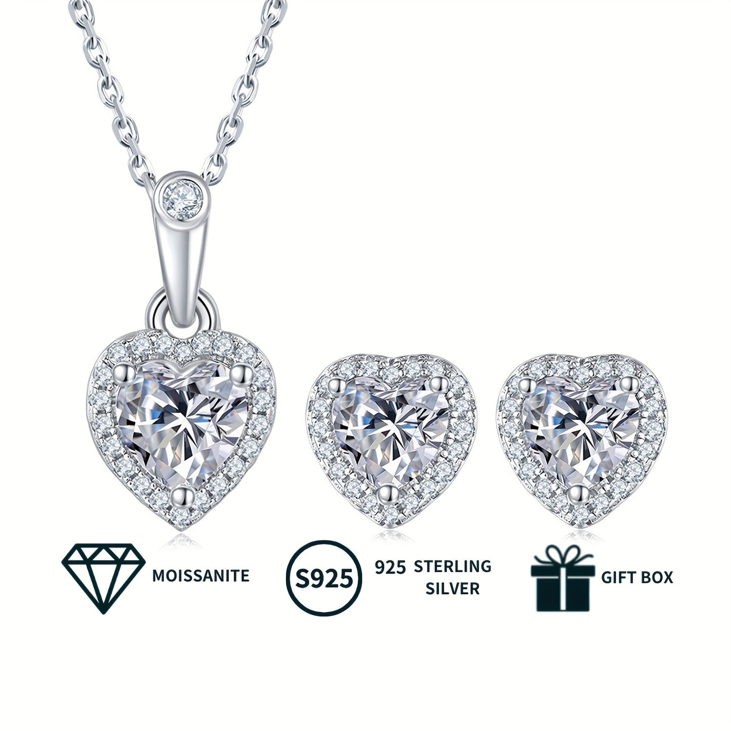 A set of elegant women's jewelry includes a pair of heart-shaped s925 silver earrings featuring 0.5ct*2 moissanite stones, a 1.0ct moissanite pendant necklace, and a matching necklace chain. The set weighs 2.88g for the necklace and 1.58g for the