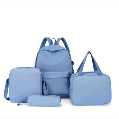 Set of 4 backpacks, cross body bag, handbag, and pen bag in classic solid colors. Suitable for both women and men for casual travel with large capacity. Ideal for schoolgirls and students