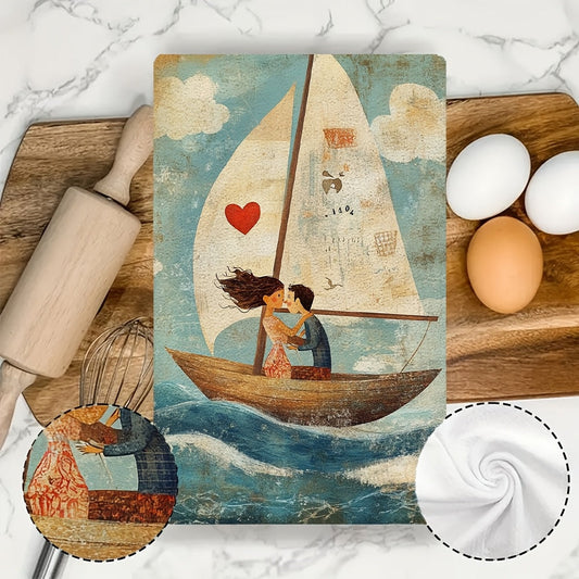 Two pieces of ultra soft kitchen towels featuring a sailing illustration. The image depicts a couple sailing on a sailboat on a windy day, adjusting the sails and enjoying the feeling of the wind in their hair. The sail on the boat has a heart shaped