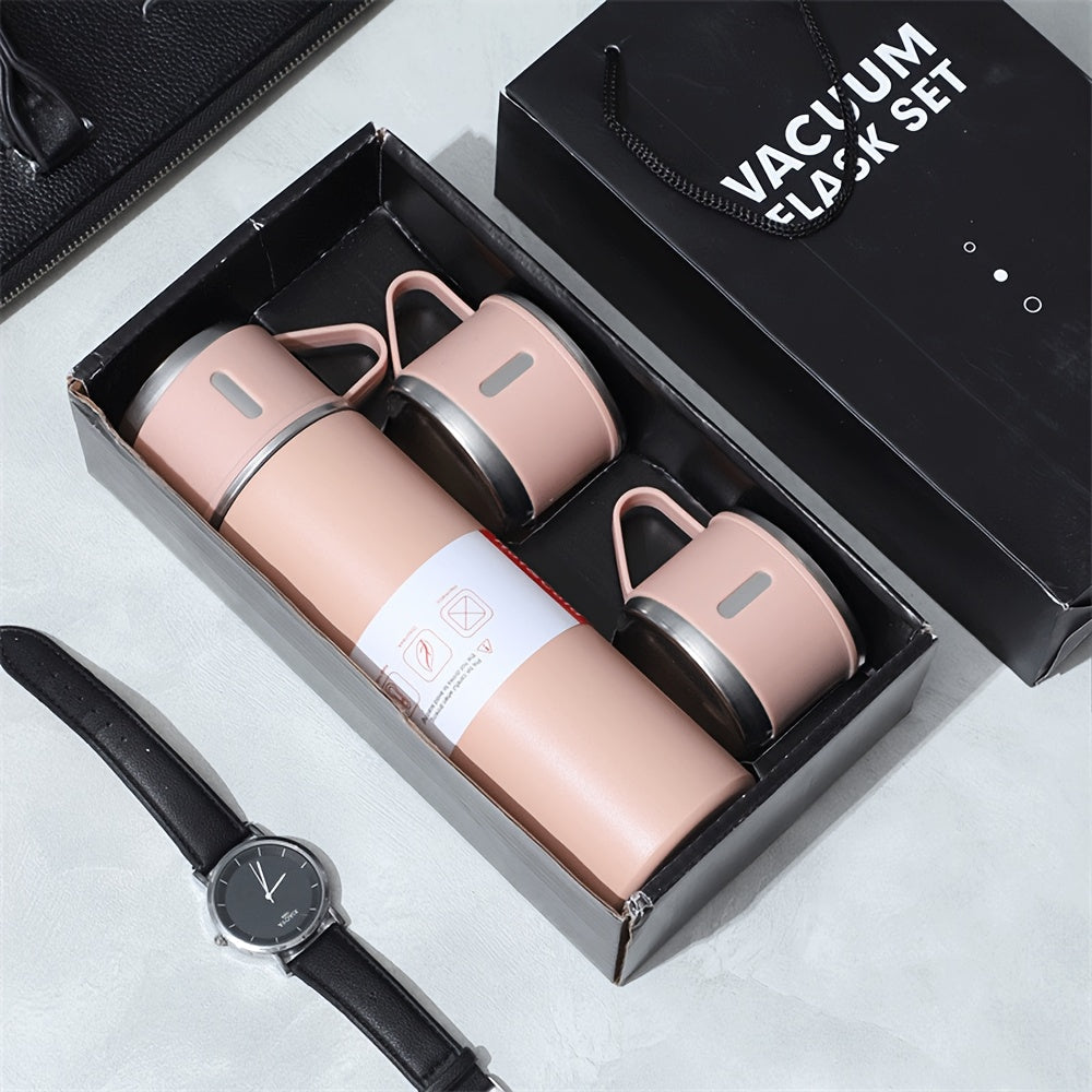 Gift-ready Stainless Steel Vacuum Insulated Water Bottle Set with 3 Cup Lids. This 500ml Travel Thermal Mug keeps drinks hot or cold for hours, making it ideal for both summer and winter use. The set is food contact safe, making it a perfect gift option.