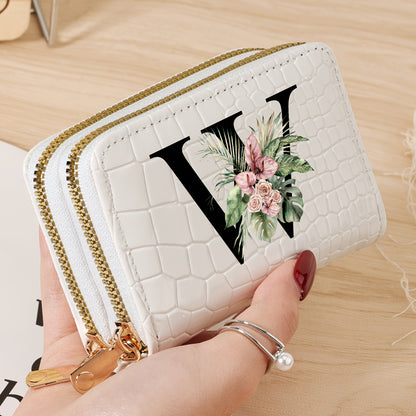 Women's credit card wallet with elegant floral letter print in black & white. Features large capacity, dual zipper, crocodile texture PU, lightweight design with nylon lining for everyday