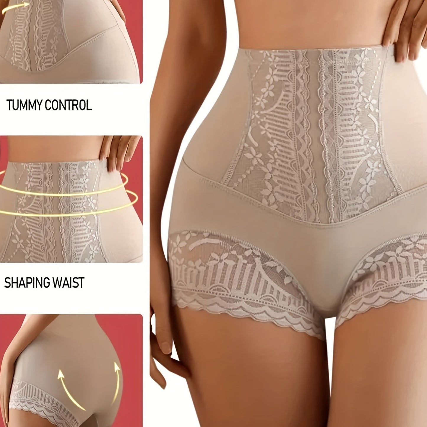 High-waist shapewear panties for women, ready for summer with invisible belly control and hip lift. Made of breathable nylon blend with lace detail.