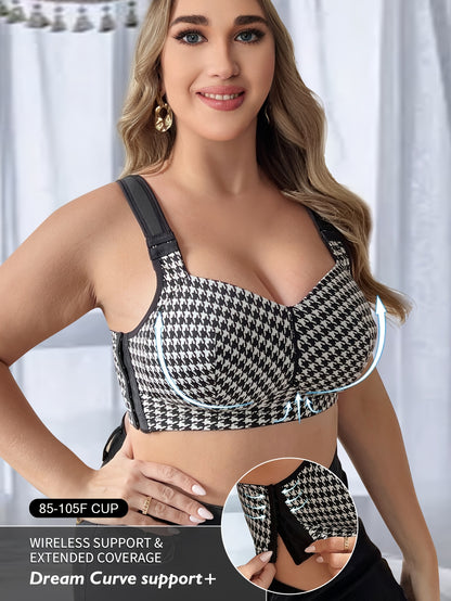 Houndstooth bralette for plus size with elegant fabric, wireless, no padding, medium stretch, and applique detail in a one-piece style.