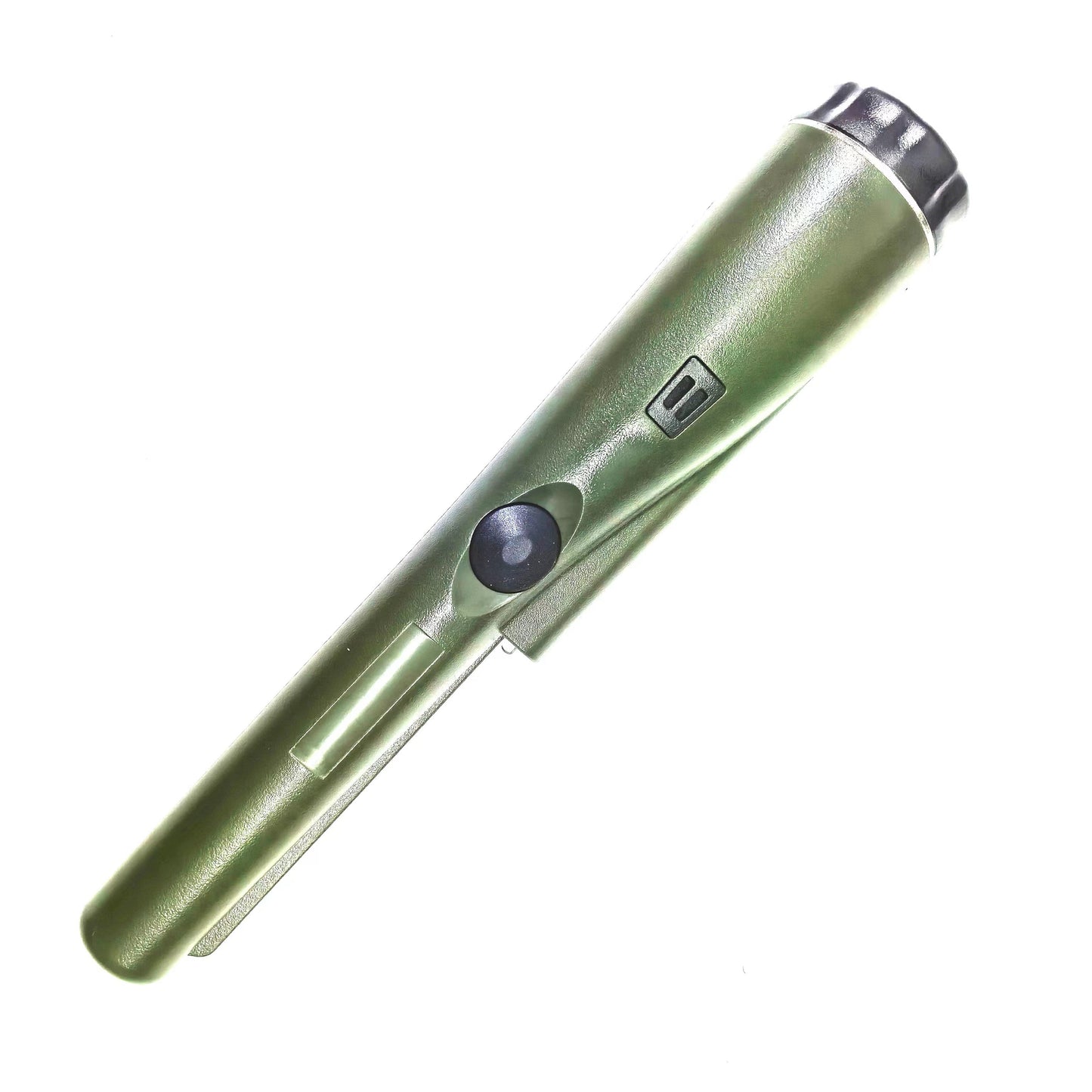 Handheld metal detector pinpointer with high sensitivity for precise treasure hunting, includes belt holster and retractable lanyard.