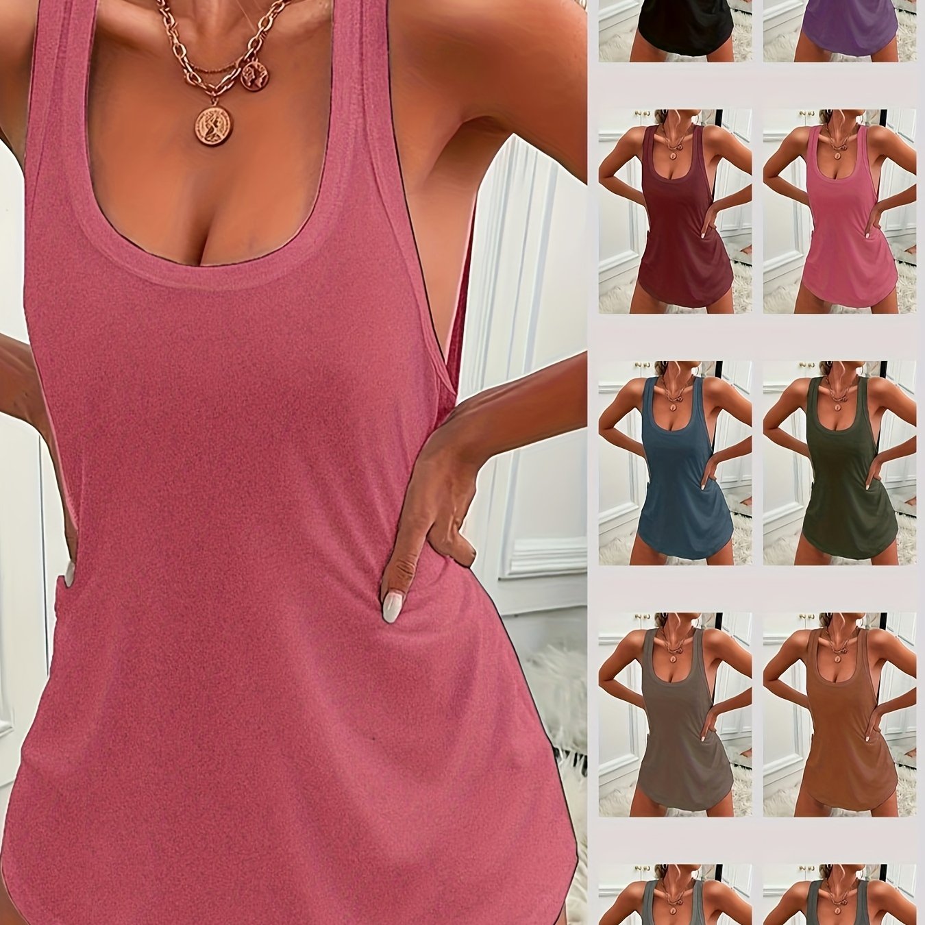 Casual solid sleepwear tank dress with racer back and curve hem for women, comfortable nightgown.