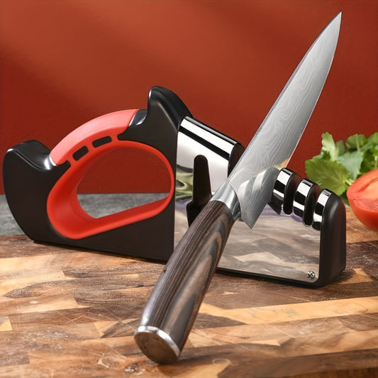 A versatile kitchen tool that sharpens knives and scissors, this multifunctional kitchen gadget includes a sharpening stone for keeping your kitchen knives and scissors in top condition.