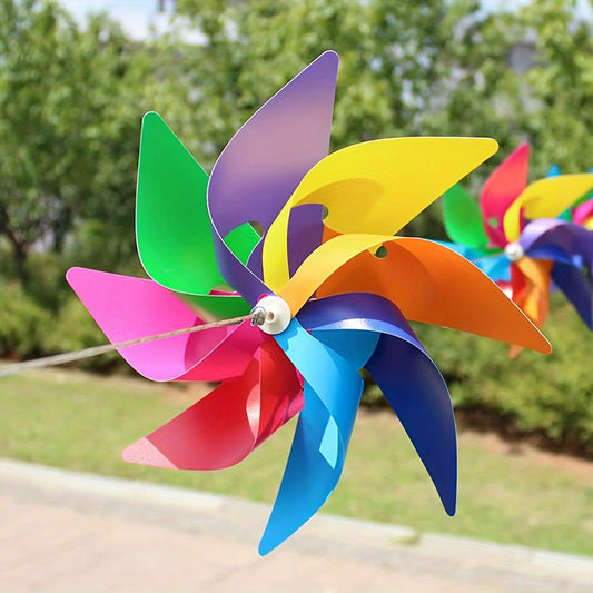 10-Pack of Colorful Wind Spinners with 1 Wire Rope for Party Decor, Garden, Outdoor Activities - Mixed Color PP Material, 8-Leaf Adjustable Windmills.