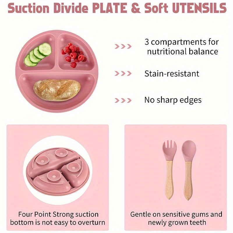 Силиконовый набор для кормления детей и малышей 0-3 года - включает в себя присоску, тарелку, регулируемый нагрудник, ложку и вилку - без BPA, ПВХ и фталатов - безопасен для микроволновой печи и духовки - идеален для самостоятельного кормления.
