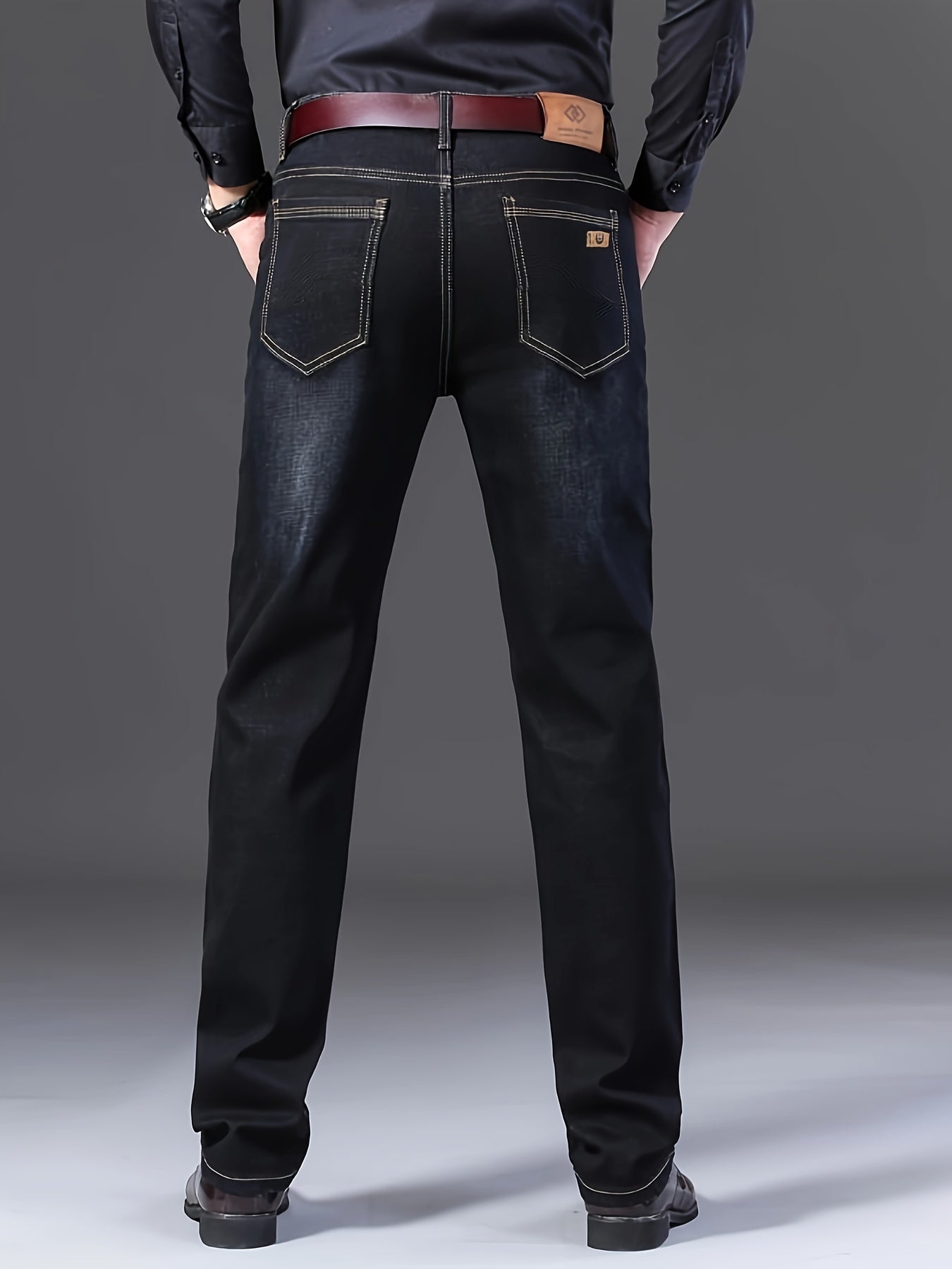 Men's solid denim jeans with a light business style, slightly stretch straight leg pants for outdoor casual daily wear.