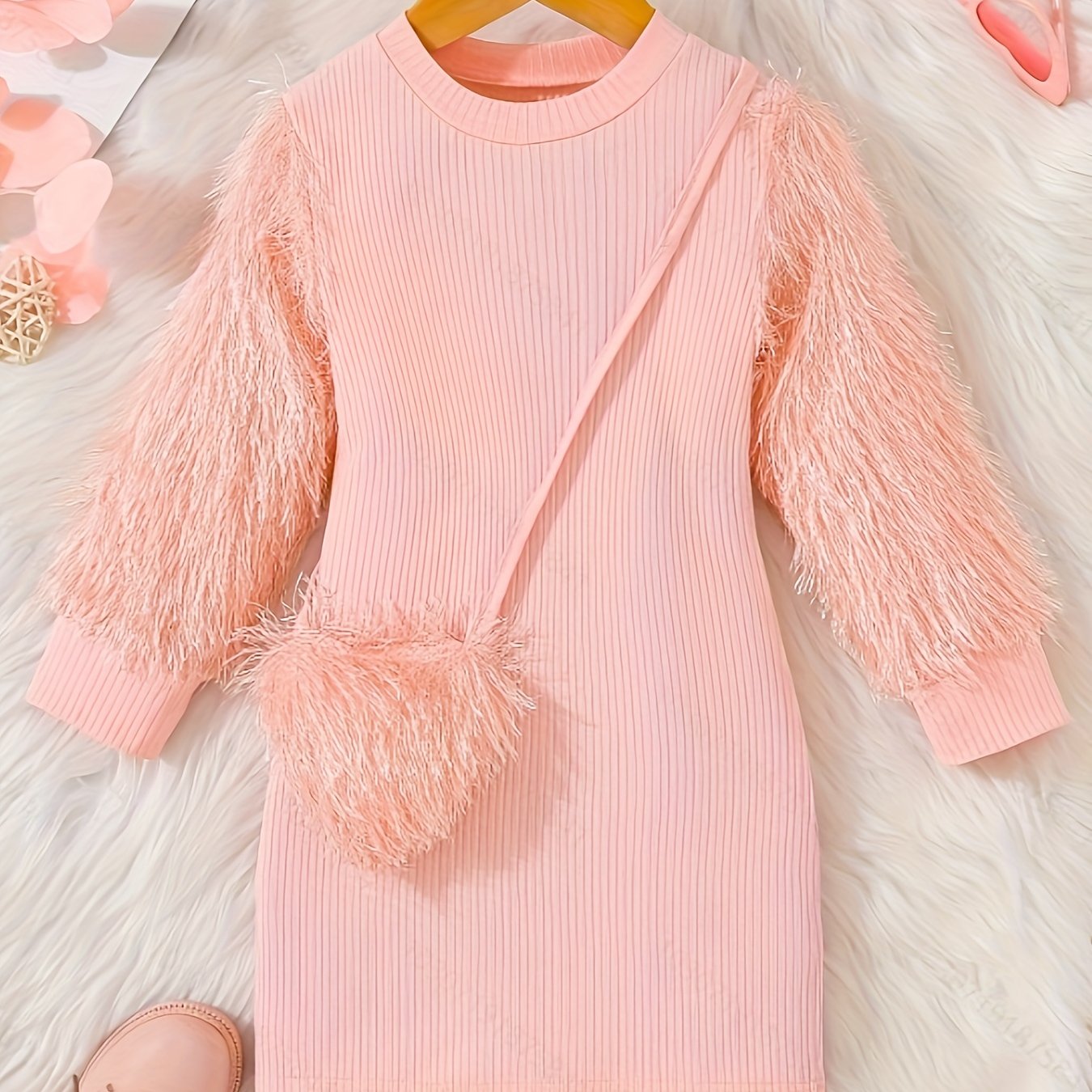 Pink tassel sleeve dress with bag detail for girls in casual spring and autumn style.