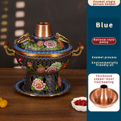 Small single serving enamel-coated copper hot pot featuring the Dudan pattern, perfect for commercial use and for use with alcohol stoves. Safe for dishwasher cleaning.