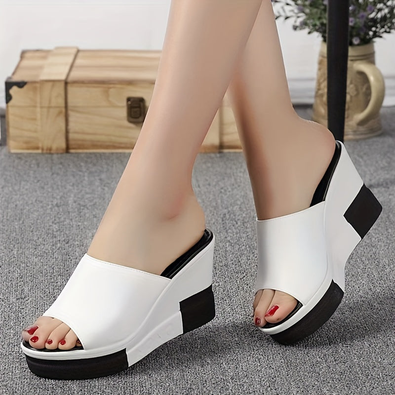 Black & white peep-toe wedge sandals with thick sole and faux cover straps for summer comfort