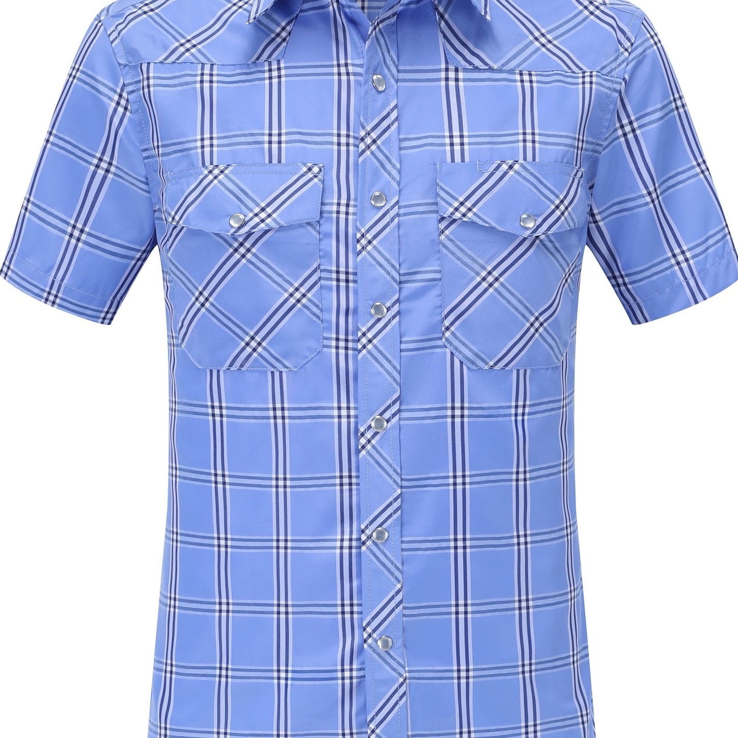 Men's Summer Casual Plaid Shirt, 94% Polyester 6% Cotton, Short Sleeve, Skinny Fit, Lapel Collar, Single Breasted, 2 Pockets with Pen Holder, Lightweight Fabric, Pearl Snap Buttons, Regular