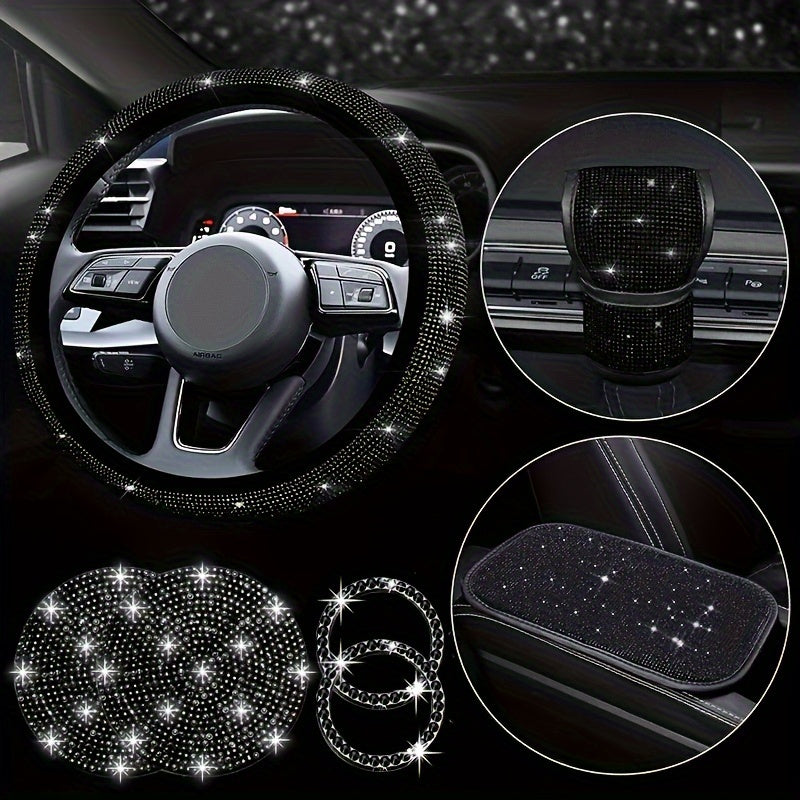 7-piece set of bling car steering wheel covers with cup holder coaster and gear shift knob cover. Made of polyester fiber with auto diamond detailing. Includes armrest pad and start button