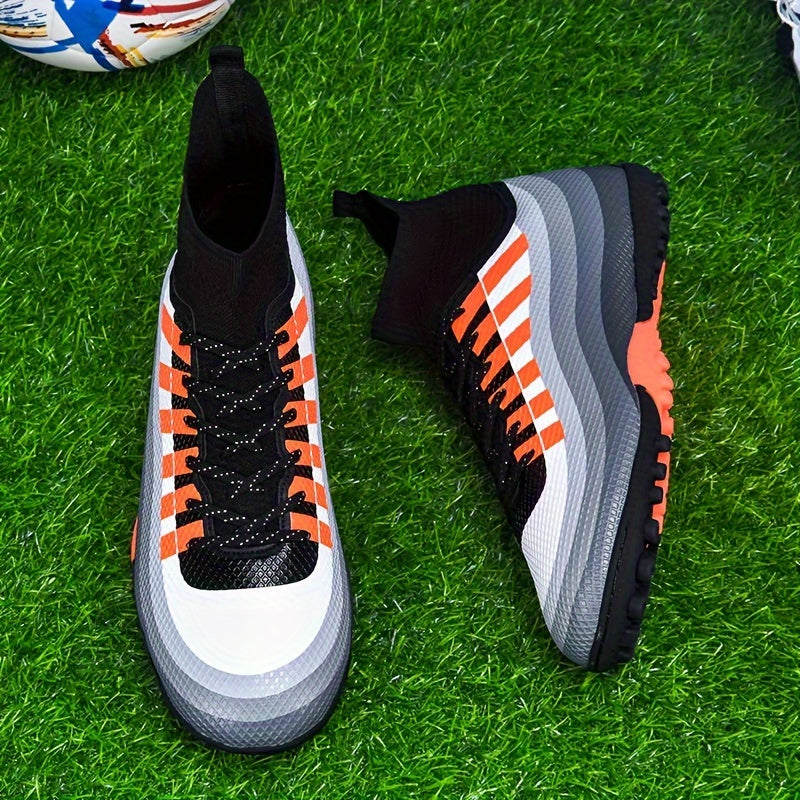 Men's trendy high top TF soccer shoes, durable and breathable for outdoor training and competition.