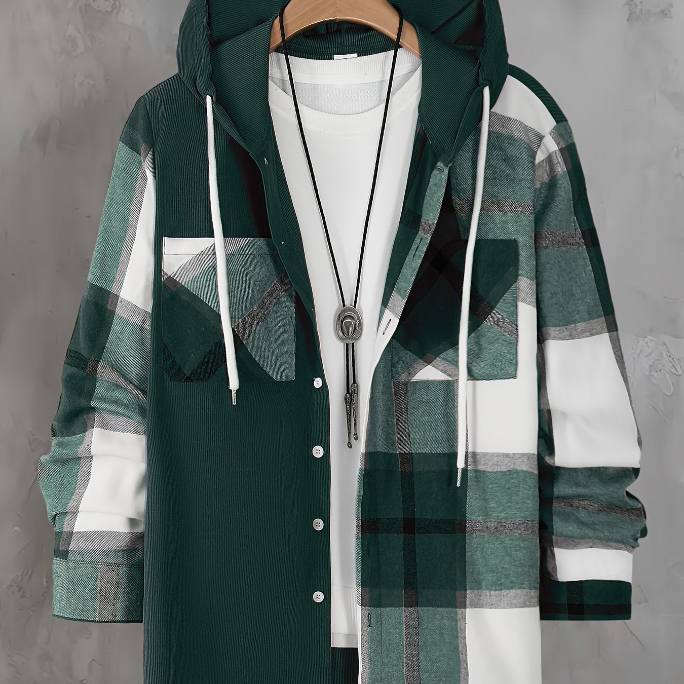 Men's plaid hoodie shirt with pockets, long sleeve, woven polyester, for spring/fall, unisex-adult, plus size.