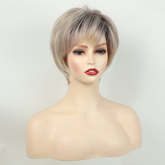 Stylish short pixie cut wig for women with loose wave style, side bangs, and rose net cap. Made of high temperature fiber, suitable for daily and party use.