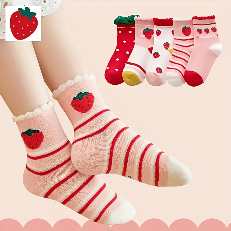 5 pairs of comfortable and breathable strawberry-style children's socks in versatile colors, made from high-grade knitted fabrics. Quality guaranteed and the perfect gift for kids.