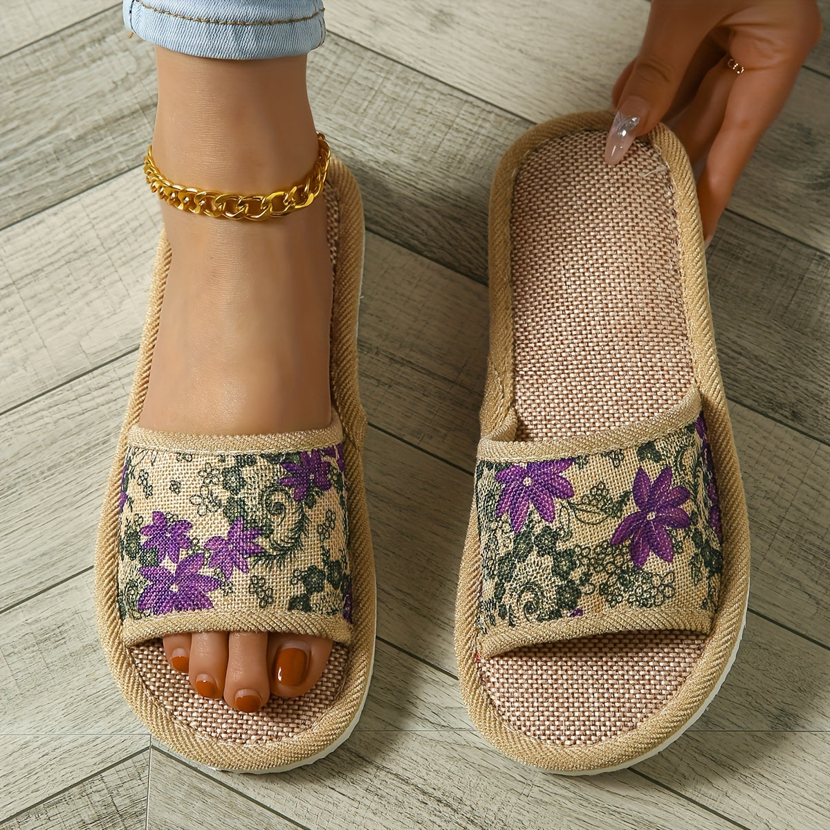 Womens Floral Linen Slippers with Soft Non-slip Sole for Home, Breathable Indoor Wear