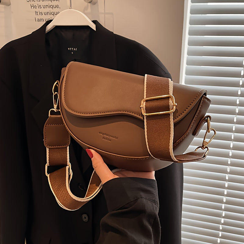 2024 Trendy Vintage Saddle Bag for Women, Crossbody Shoulder Underarm Bag with Polyester Lining, Buckle Closure, Edge Paint Detail; Versatile for Various Occasions - Black/Khaki/Light Brown.