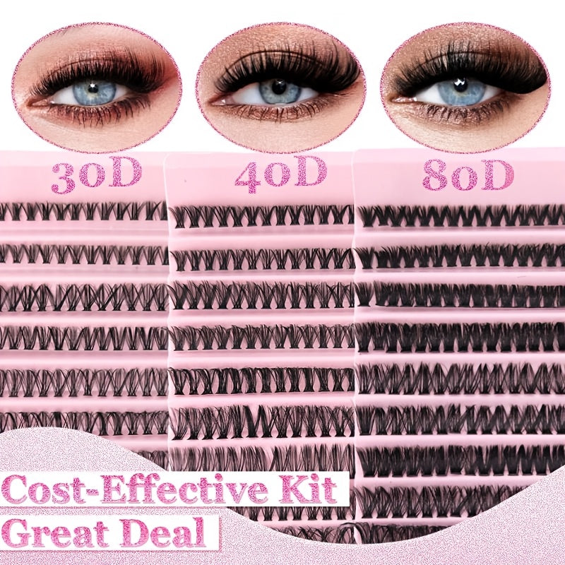 200-piece DIY Eyelash Extension Kit with mixed lengths (8-16mm) in different styles for various makeup looks. Includes natural, thick, extra thick, and cat eye options that are soft