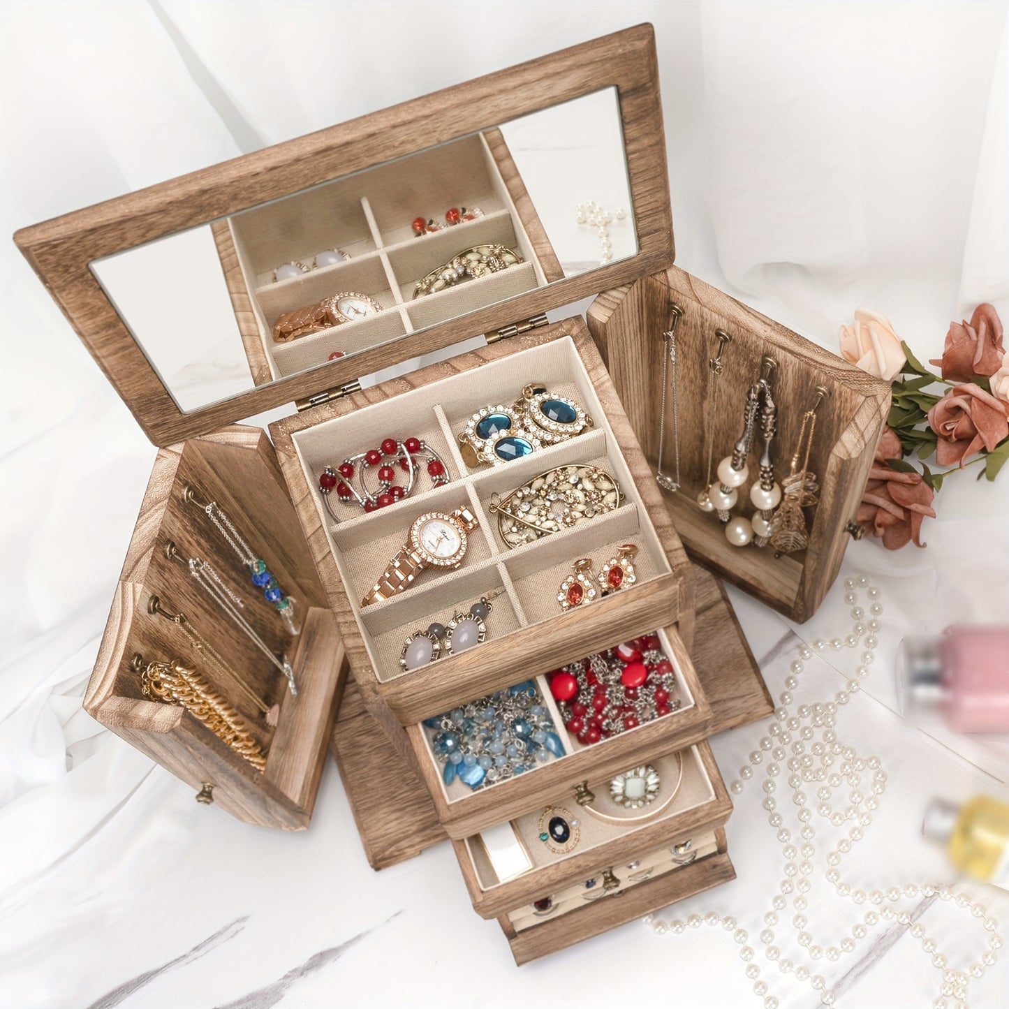 1pc Rustic Wooden Jewelry Box with Mirror and 4 Layers for Organizing Rings, Earrings, Necklaces, and Bracelets.