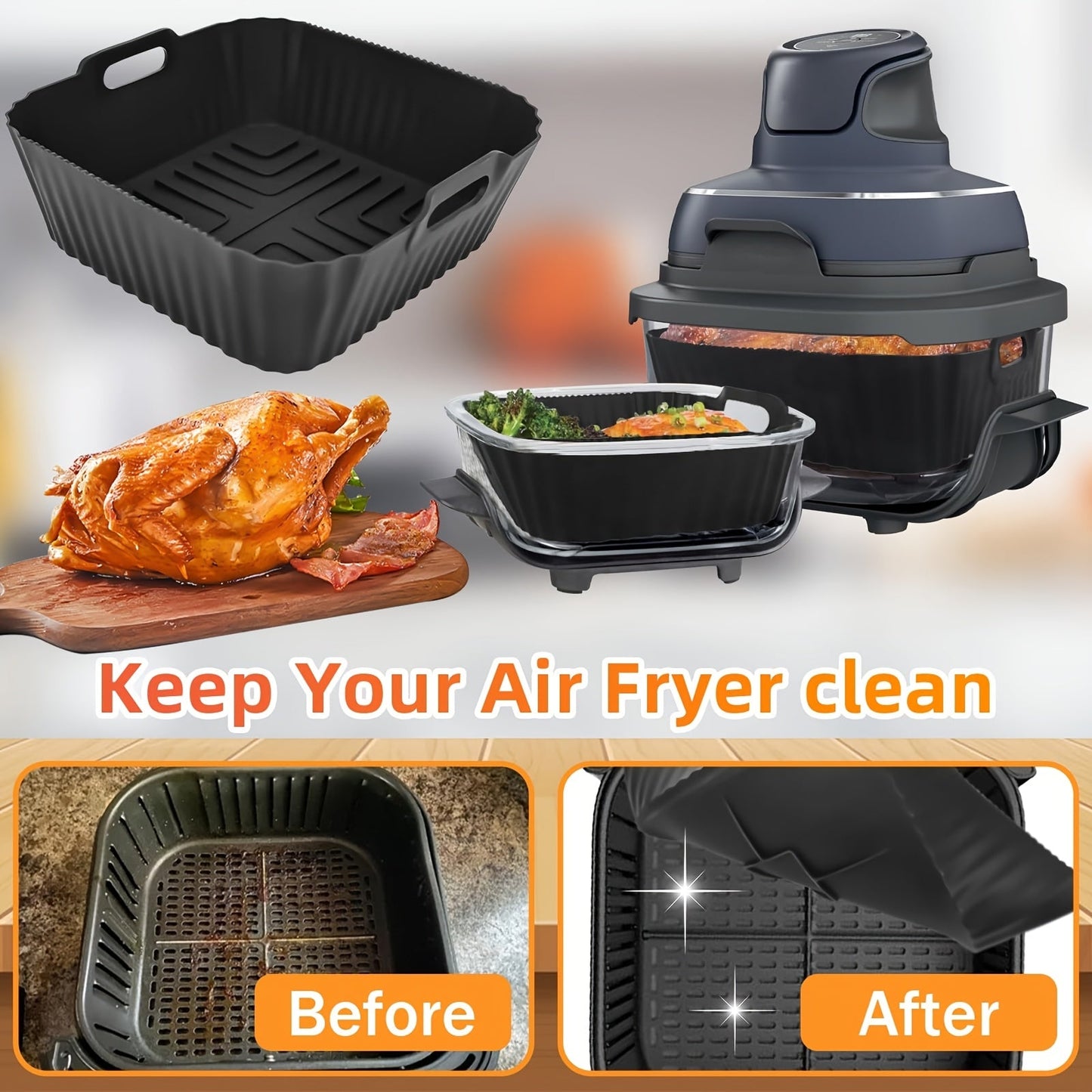 Get two silicone air fryer liners designed for the Ninja Crispi FN101GY. These non-stick liners are reusable and easy to clean, making them perfect air fryer accessories. The set includes a large liner for 4QT air fryers and a small liner for 6 cup