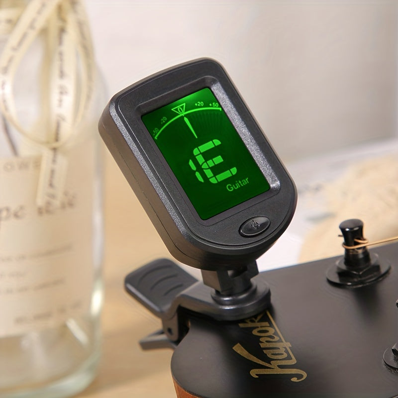 Accurate chromatic clip-on tuner for guitar, bass, violin, ukulele, and electric or classical guitars (includes button battery).