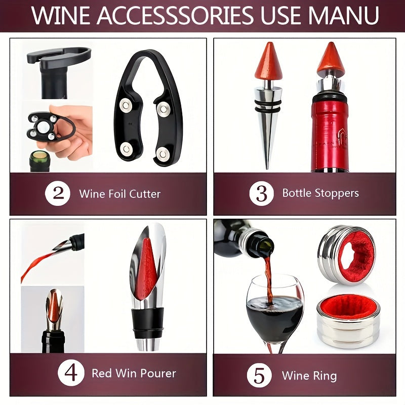 5 piece Creative Red Wine Bottle Opener Tool Set, includes Opener, Foil Cutter, Drip Ring, Pourer, Stopper Kit.