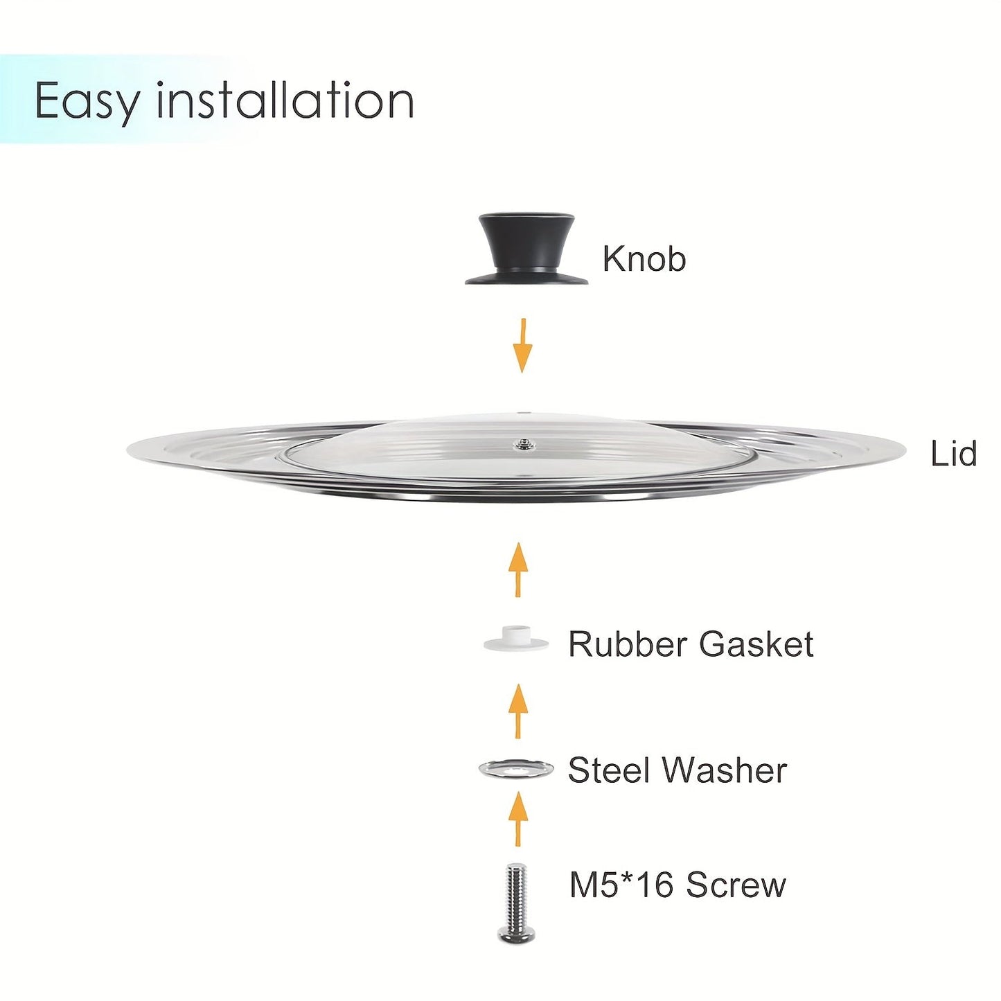 This universal lid with a tempered glass cover is designed to fit pots and pans ranging in size from 6.5 to 31.75 cm. It can be used as a replacement for large frying pan lids, cast iron lids, and as an accessory for stainless steel cookware.