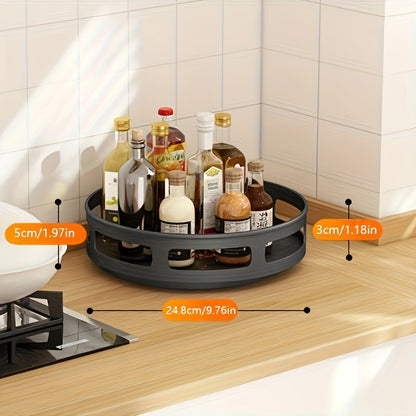 Metal spice rack with storage containers for seasonings, oils, and vinegar, with single, double, or triple layer options and 360-degree rotation.