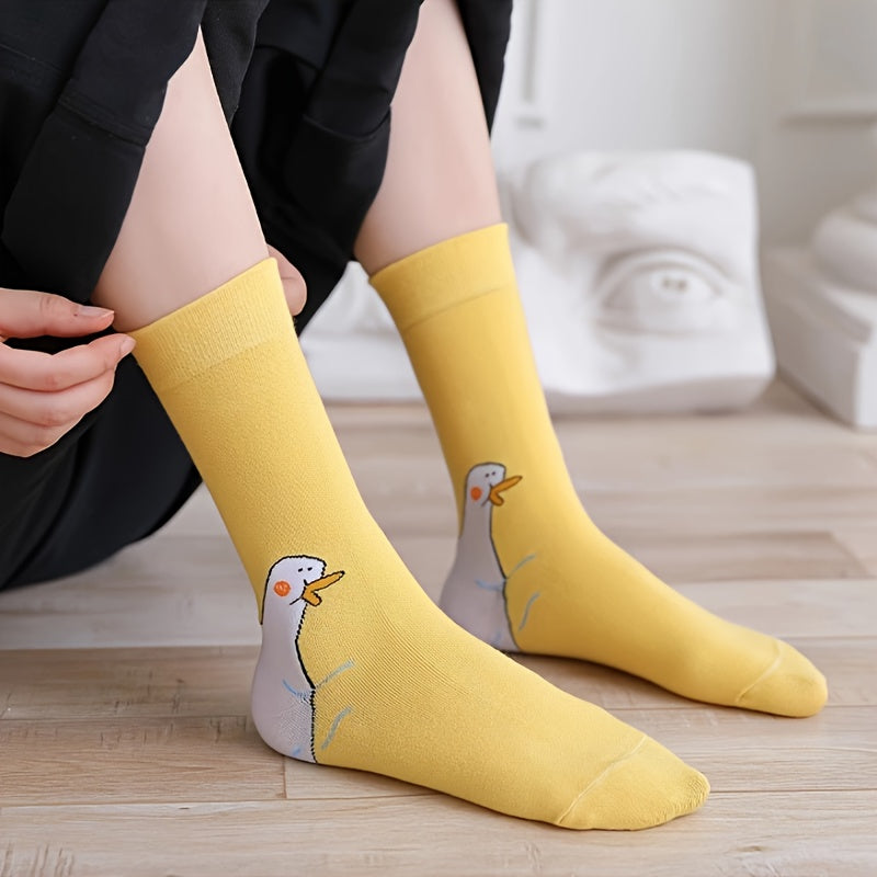 Women's knee-high socks, featuring a funny goose design, comfy and trendy.