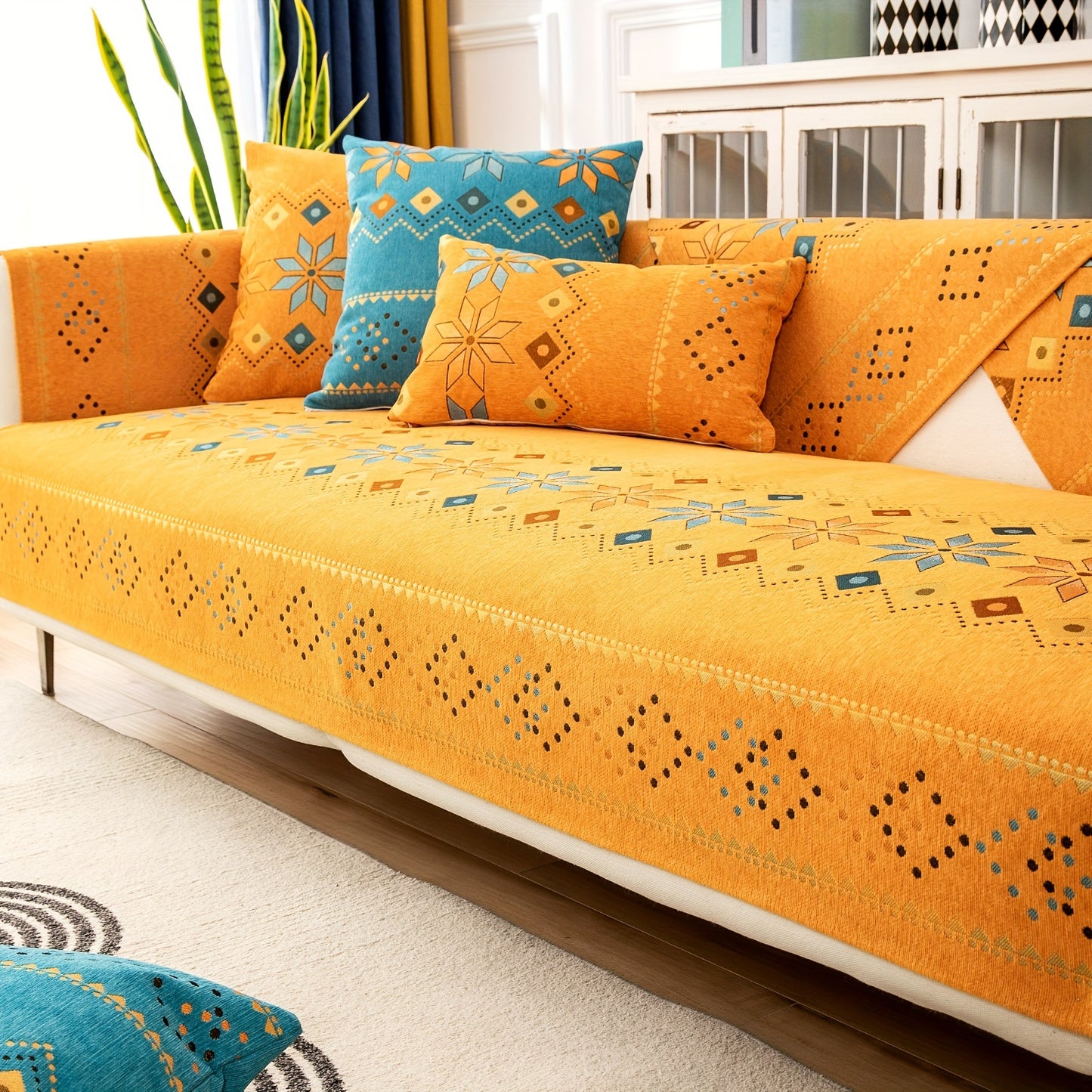 Bohemian-style Sofa Slipcover with Embroidery, Pillowcase and Cushion Covers. Suitable for Bedroom, Office, Living Room Home Decor.